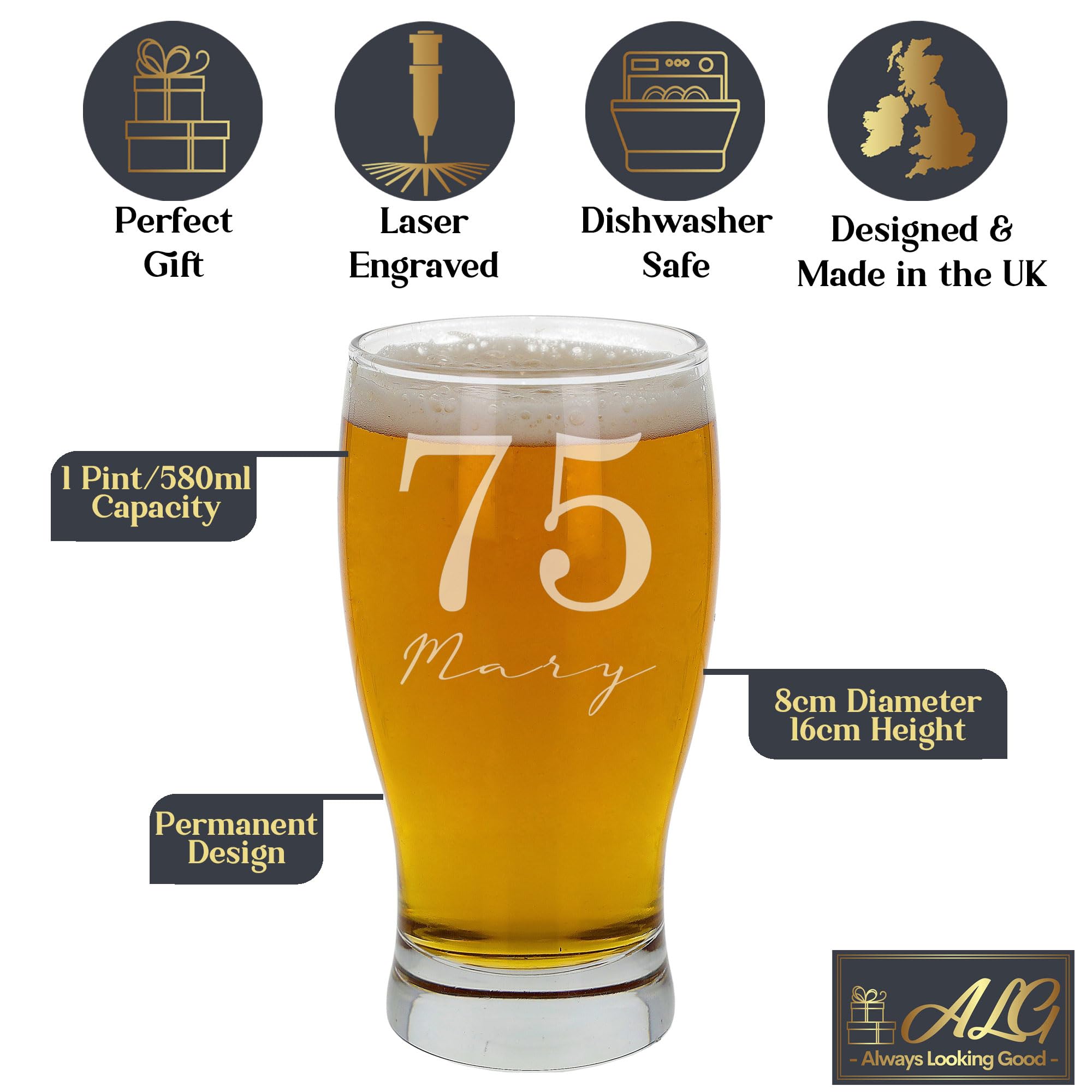 Personalised 75th Birthday Pint Glass with Name